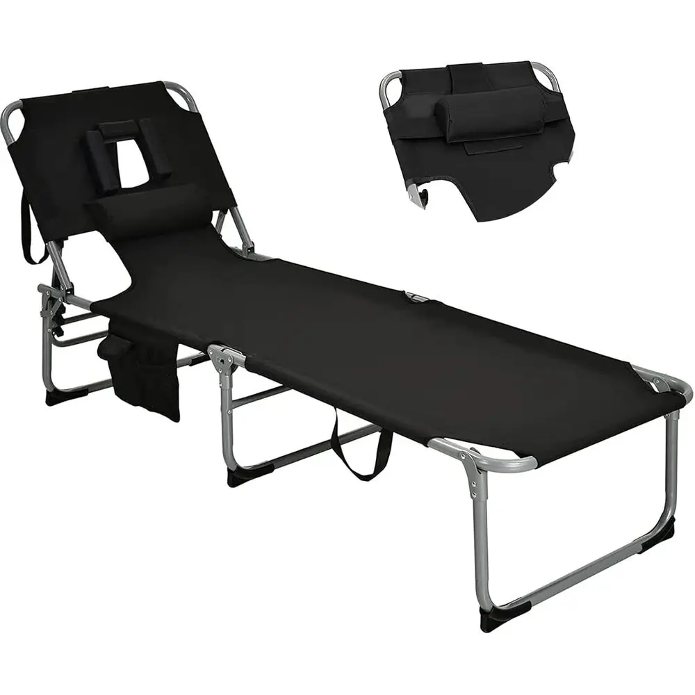 Adjustable 5-Position Beach Lounge Chair with Armrest and Armhole, Removable Pillow, Portable Outdoor Pool Side Chair in Black
Adjustable 5-Position Beach Lounge Chair with Armrest and Armhole, Removable Pillow, Portable Outdoor Pool Side Chair in Black