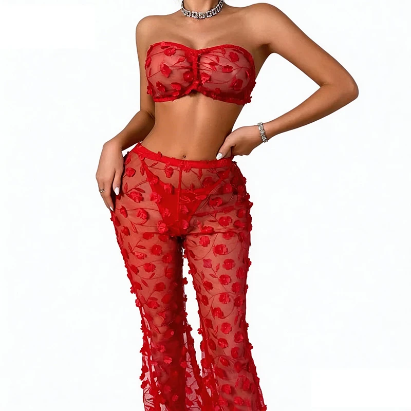 Sexy Lingerie Sets Exquisite 3D Flower Perspective Chiffon Erotic Costumes Women Strapless Bra Thongs and Flare Pants Erotic Set
Sexy Lingerie Sets Exquisite 3D Flower Perspective Chiffon Erotic Costumes Women Strapless Bra Thongs and Flare Pants Erotic Set