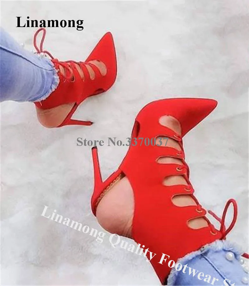 Linamong Elegant Pointed Toe Suede Leather Cut-out Stiletto Heel Short Gladiator Boots Lace-up Red High Heel Ankle Booties
Linamong Elegant Pointed Toe Suede Leather Cut-out Stiletto Heel Short Gladiator Boots Lace-up Red High Heel Ankle Booties