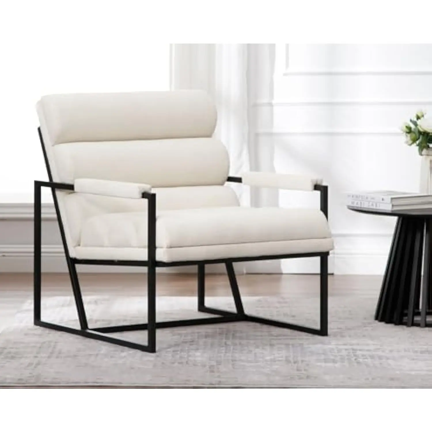Modern Comfy Accent Chair, Beige Chenille Channel Tufting Upholstered Office Arm Chairs, Living Room Decorative Chair with Blac
Modern Comfy Accent Chair, Beige Chenille Channel Tufting Upholstered Office Arm Chairs, Living Room Decorative Chair with Blac