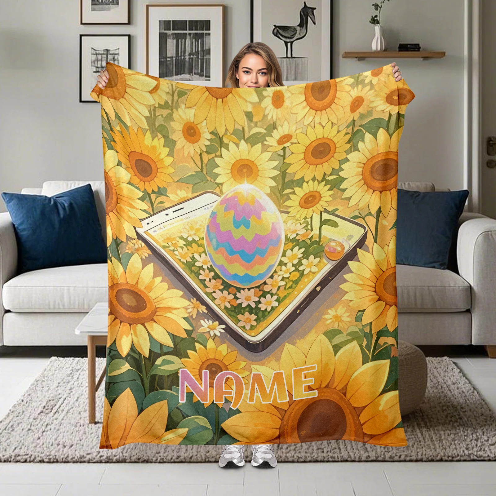 Easter Customizable Flannel Blanket Featuring Comic Sunflower Egg Design With Family And Friends Gathered, Personalized
Easter Customizable Flannel Blanket Featuring Comic Sunflower Egg Design With Family And Friends Gathered, Personalized
