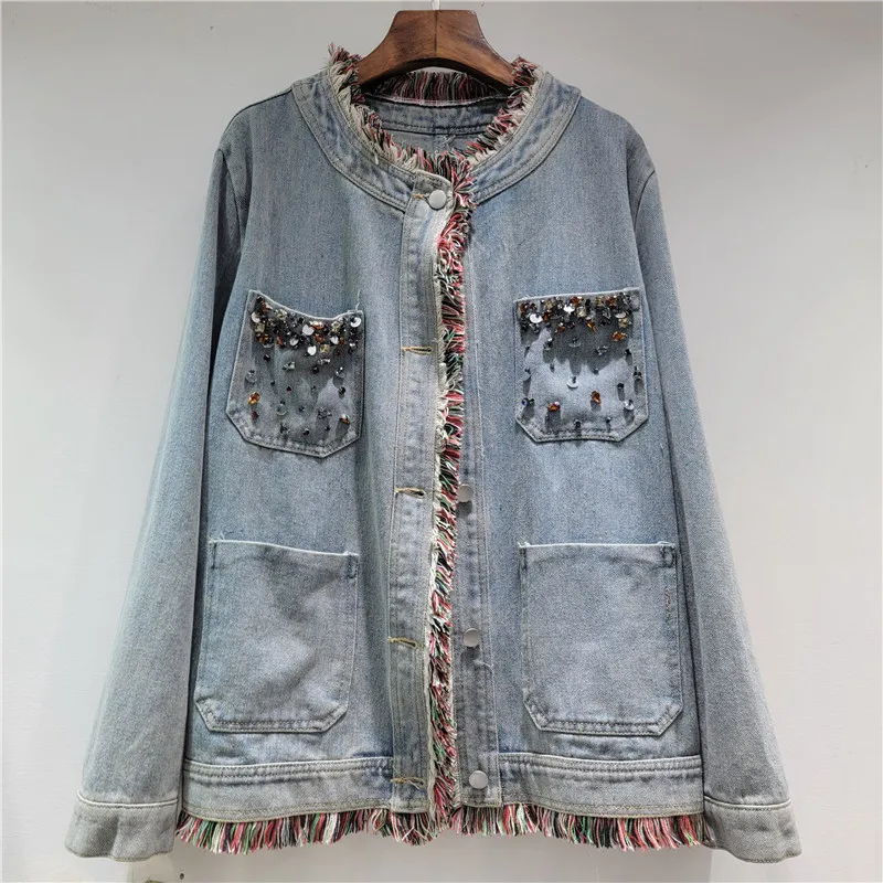 Осенняя мода, расшитая бисером и бриллиантами, с несколькими карманами, красочная лоскутная джинсовая куртка с бахромой, повседневная джинсовая куртка с круглым вырезом и длинными рукавами
Осенняя мода, расшитая бисером и бриллиантами, с несколькими карманами, красочная лоскутная джинсовая куртка с бахромой, повседневная джинсовая куртка с круглым вырезом и длинными рукавами