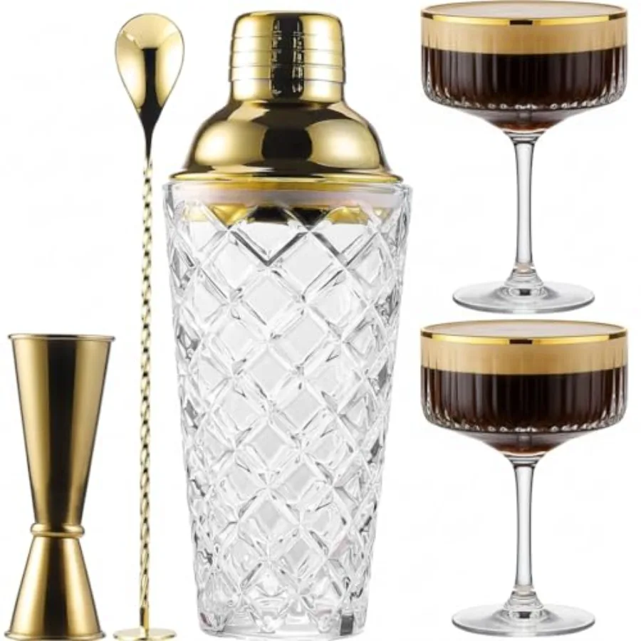 Cocktail Coupe Glasses 5-Piece Gift Includes Pineapple Glass Gold Lid Jigger Bar Spoon and 2 Ribbed Gold-Rimmed Glasses Bartend
Cocktail Coupe Glasses 5-Piece Gift Includes Pineapple Glass Gold Lid Jigger Bar Spoon and 2 Ribbed Gold-Rimmed Glasses Bartend