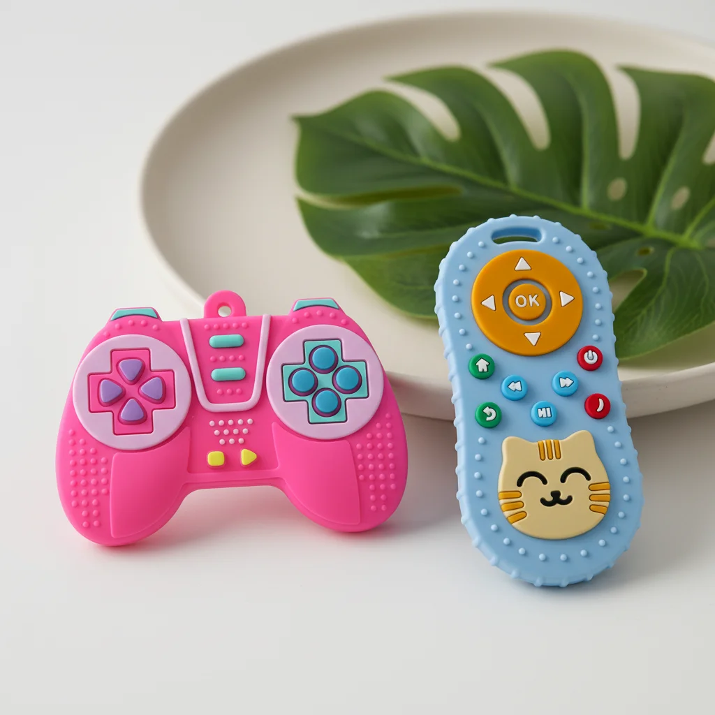 2pk Realistic Buttons Baby Remote Teether, Silicone Teething Toy 0-12M, Relief Sore Gums Sensory Molar Toy Newborn Shower Gift
2pk Realistic Buttons Baby Remote Teether, Silicone Teething Toy 0-12M, Relief Sore Gums Sensory Molar Toy Newborn Shower Gift