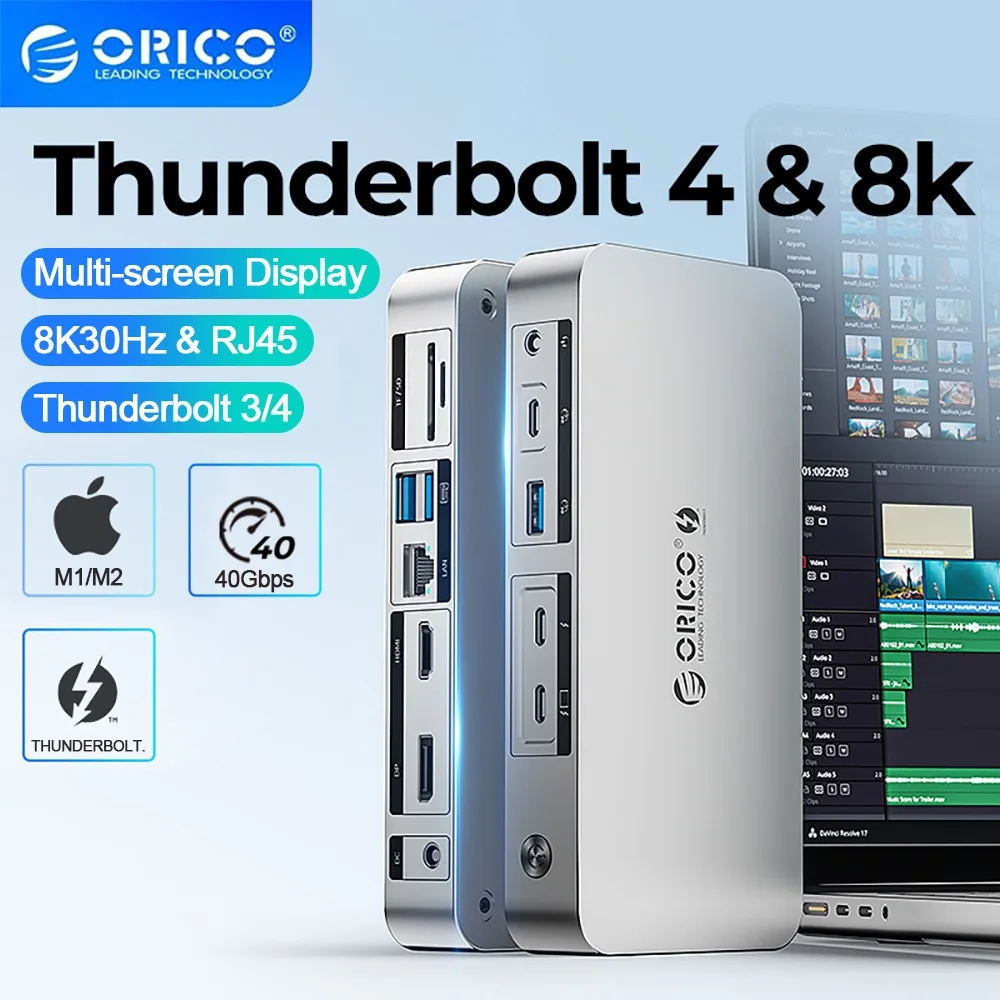 ORICO Thunderbolt 4 USB C Docking Station With 8K@30Hz SD/TF 3.5mm Audio USB 3.2 Gen2 HUB Adapter HDMI-compatible RJ45 for mac
ORICO Thunderbolt 4 USB C Docking Station With 8K@30Hz SD/TF 3.5mm Audio USB 3.2 Gen2 HUB Adapter HDMI-compatible RJ45 for mac