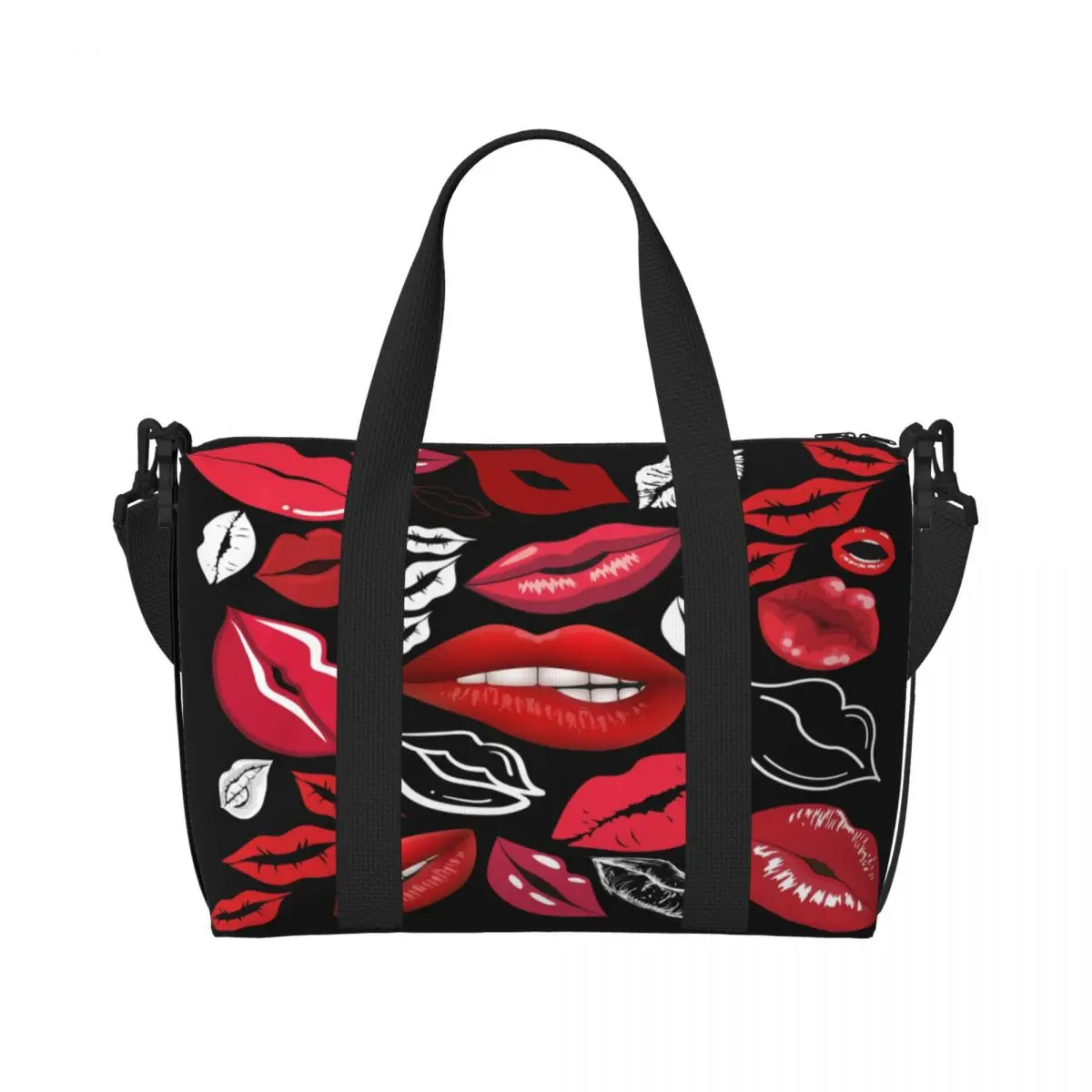 Изготовленные на заказ красные и белые Kissy Lips с черной пляжной сумкой-тоут, женские пляжные дорожные сумки с большим отделением для спортзала 
Изготовленные на заказ красные и белые Kissy Lips с черной пляжной сумкой-тоут, женские пляжные дорожные сумки с большим отделением для спортзала