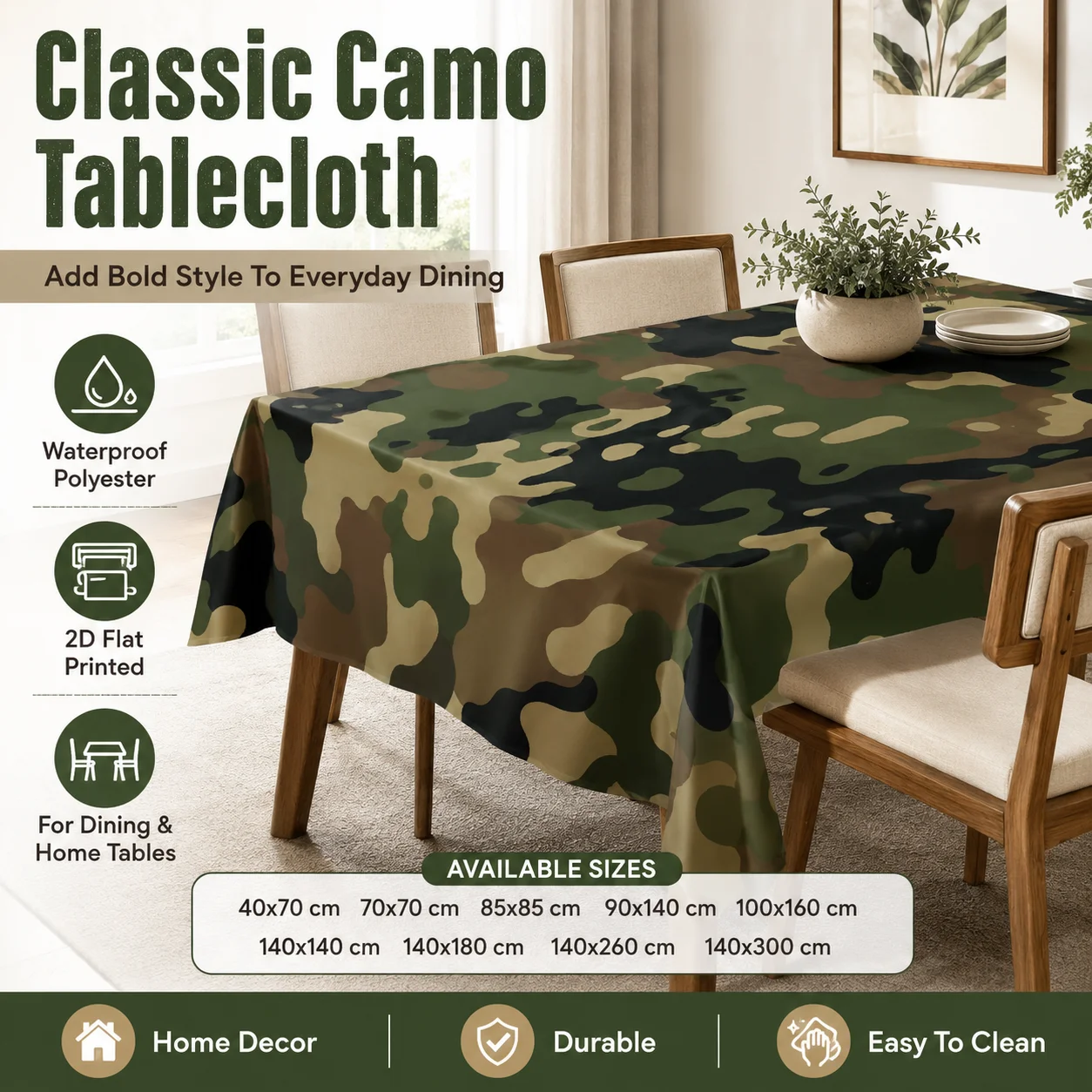 Military Style Camo Tablecloth 2D Flat Printed Waterproof Polyester Table Cover For Men Room Kitchen Dining Party Decor
Military Style Camo Tablecloth 2D Flat Printed Waterproof Polyester Table Cover For Men Room Kitchen Dining Party Decor
