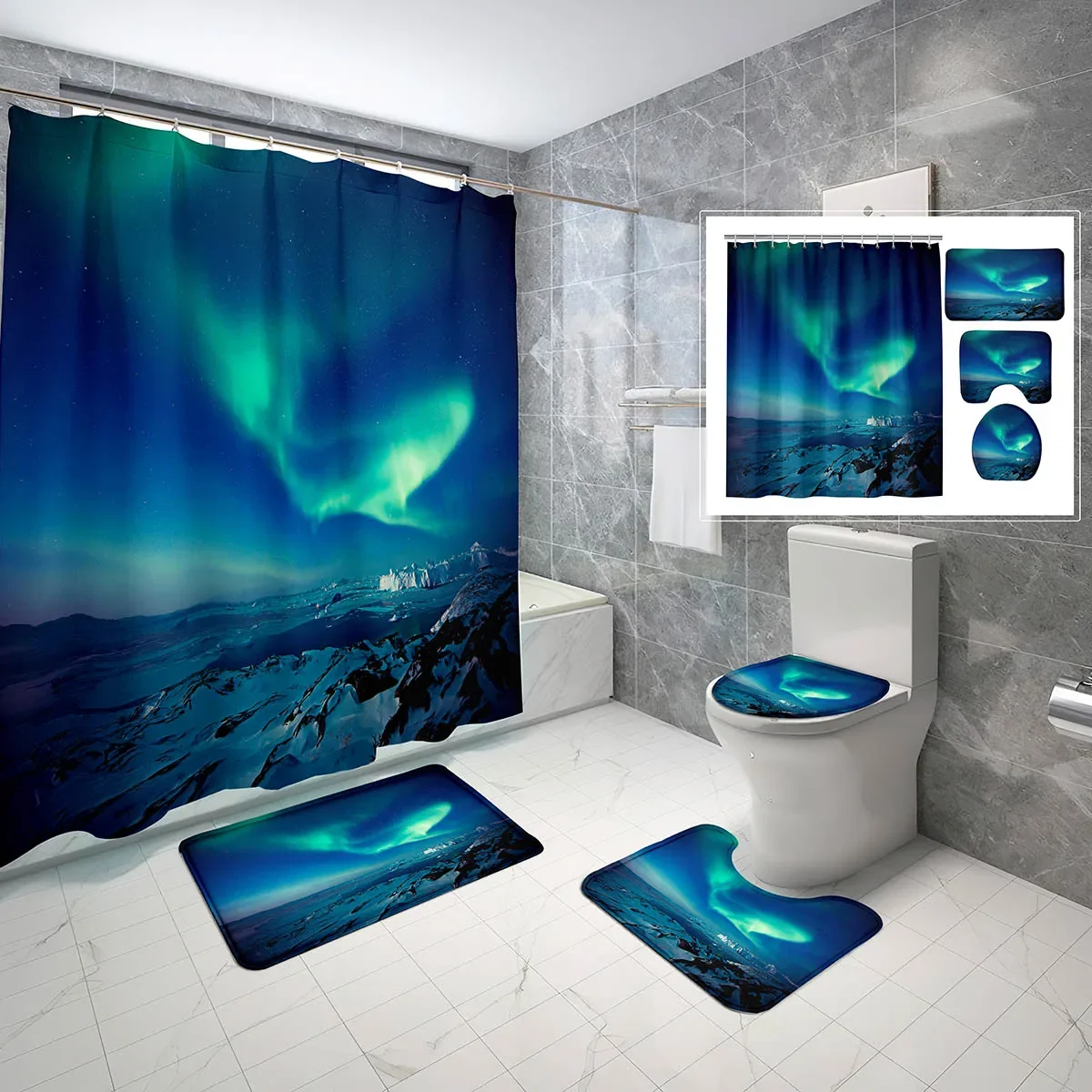 4 Pcs Northern Lights Shower Curtain Sets with Toilet Lid Cover and Non-slip Bath Mat Green Natural Landscape Shower Curtain Set
4 Pcs Northern Lights Shower Curtain Sets with Toilet Lid Cover and Non-slip Bath Mat Green Natural Landscape Shower Curtain Set