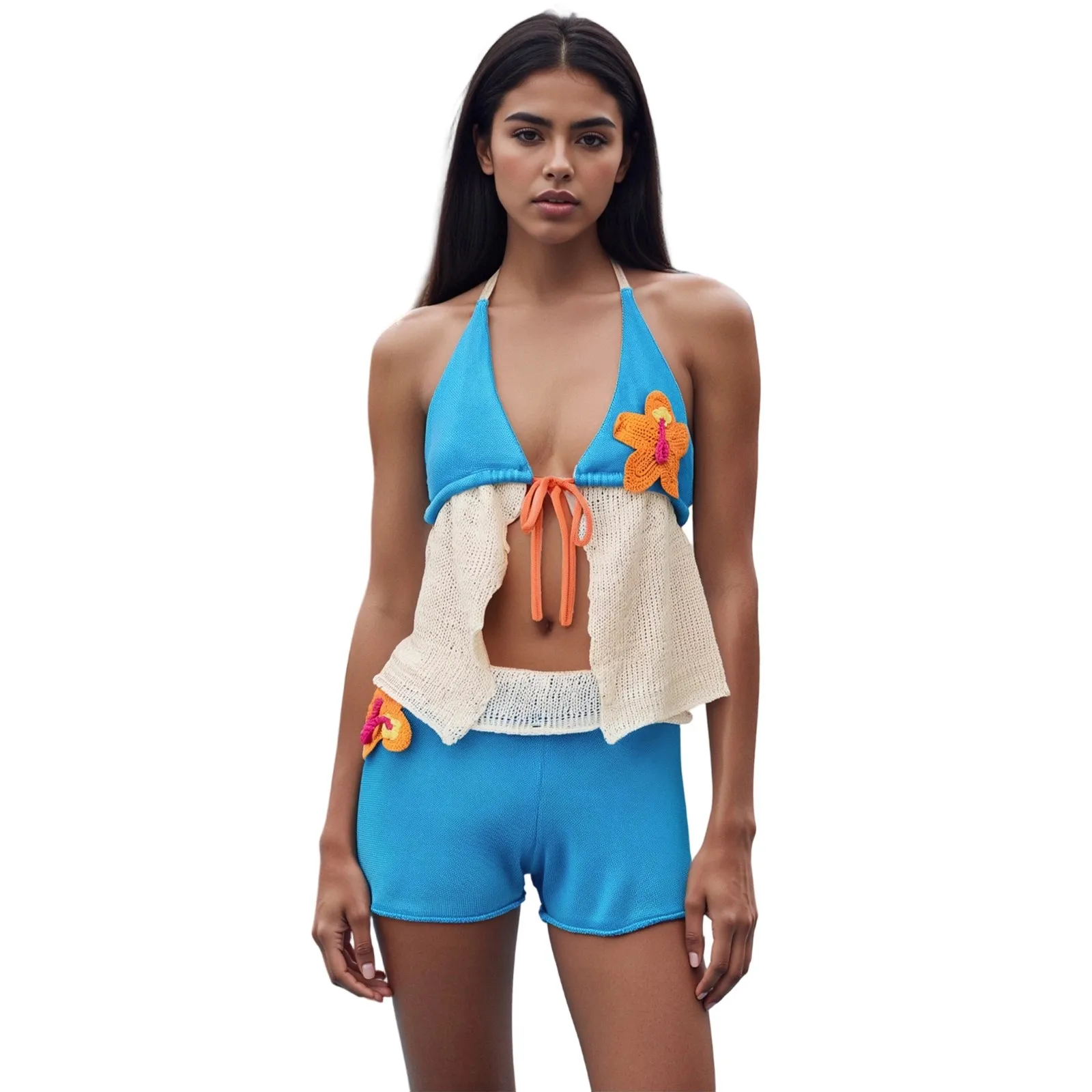 Женский вязаный наряд с открытой спиной и цветочным принтом, топ с лямкой на шее и шортами, подходящий летний наряд 
Женский вязаный наряд с открытой спиной и цветочным принтом, топ с лямкой на шее и шортами, подходящий летний наряд