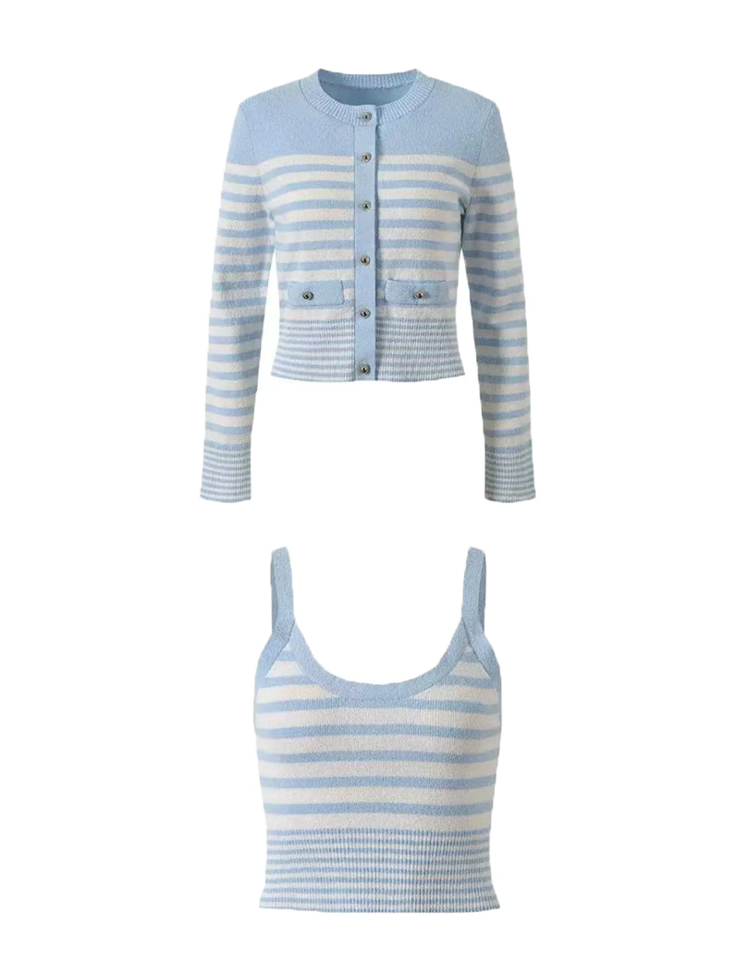 Striped Knitted Set Women's Round Neck Single Breasted Long Sleeve Cardigan + Sleeveless Vest 2026 Spring New
Striped Knitted Set Women's Round Neck Single Breasted Long Sleeve Cardigan + Sleeveless Vest 2026 Spring New