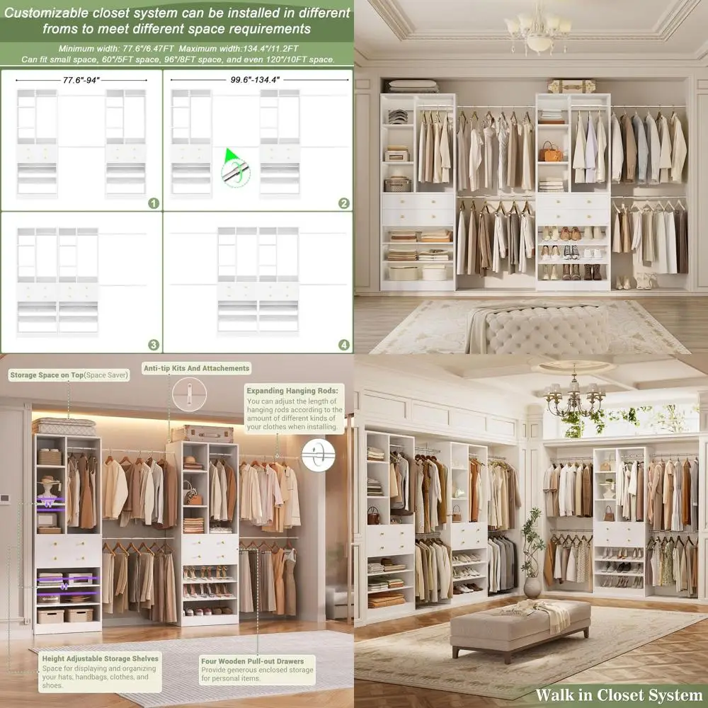 Closet System, Up to 134"/11.2 T Closet Organizer with 4 Wooden Ders, Walk-in Closet System with 6 Hanging Rods, Can it 96"/8T,
Closet System, Up to 134"/11.2 T Closet Organizer with 4 Wooden Ders, Walk-in Closet System with 6 Hanging Rods, Can it 96"/8T,