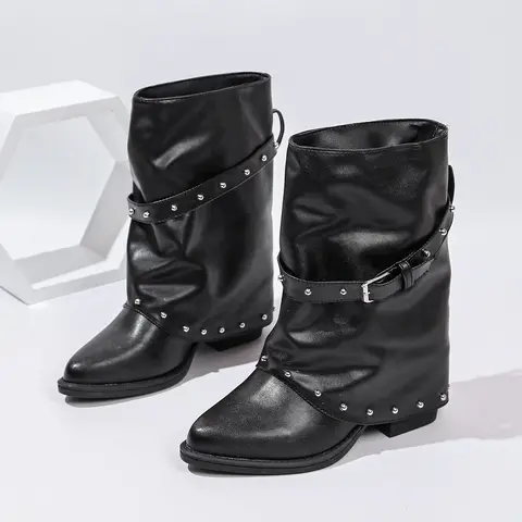 Vintage Trouser Legs Rivet Buckle Strap New Women Short Boots Fashion Slip on Thick Heel Western Cowboy Booties Zapatos De Mujer