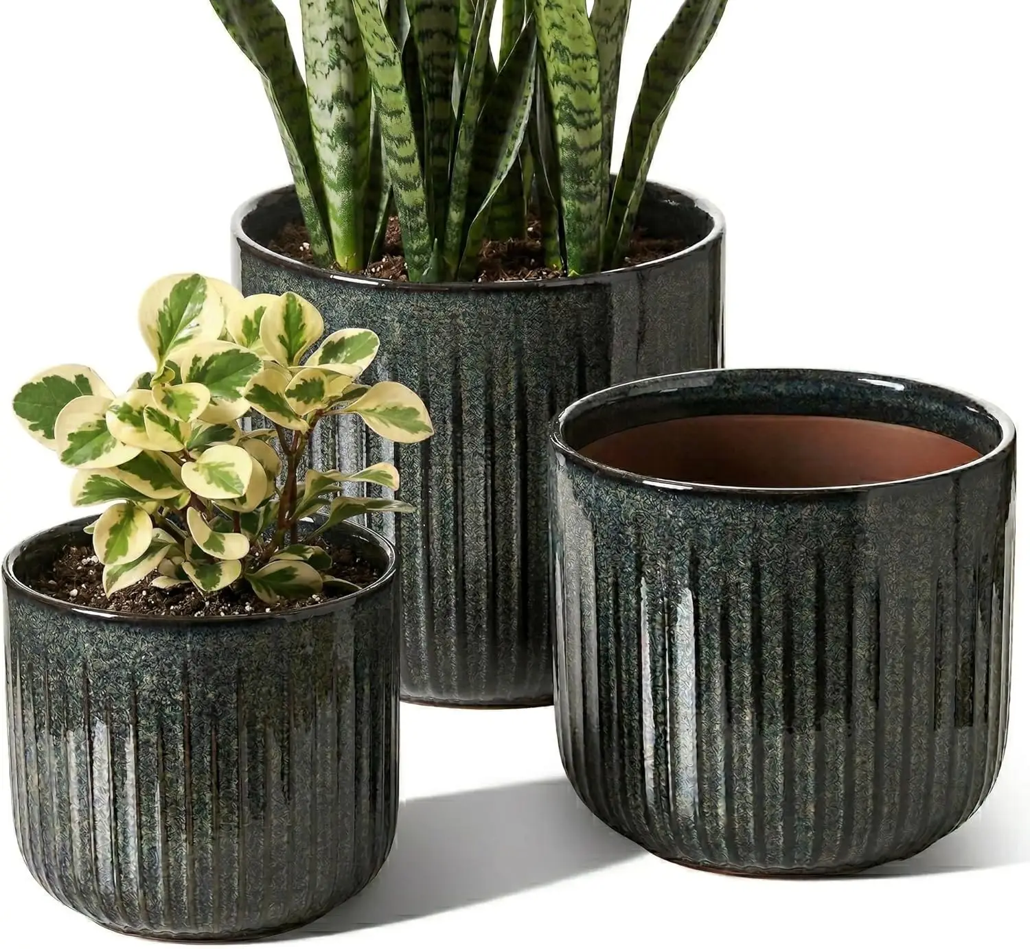 3-Piece Ceramic Planter Set, 8.3/7/5.7 Inch, Drainage Holes, Glossy Dark Olive, Modern Fluted Design
3-Piece Ceramic Planter Set, 8.3/7/5.7 Inch, Drainage Holes, Glossy Dark Olive, Modern Fluted Design