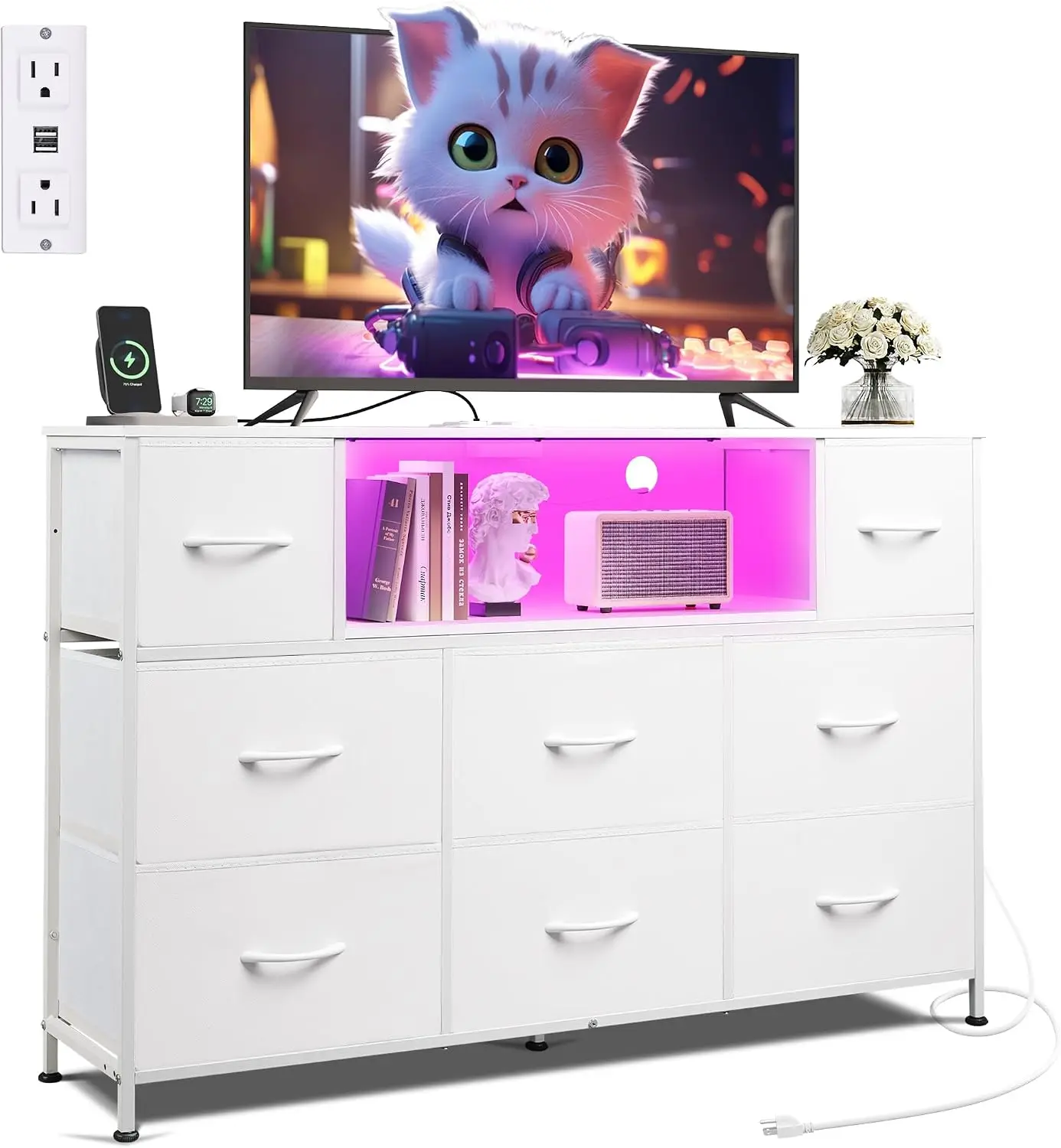 White Dresser TV Stand for 45, 50, 55 inch TV, Entertainment Center with LED Lights & Charging Station, Chest of Drawers with 8 Fabric Drawers and Open Shelves for Living Room, Hallway, Wood Top
White Dresser TV Stand for 45, 50, 55 inch TV, Entertainment Center with LED Lights & Charging Station, Chest of Drawers with 8 Fabric Drawers and Open Shelves for Living Room, Hallway, Wood Top