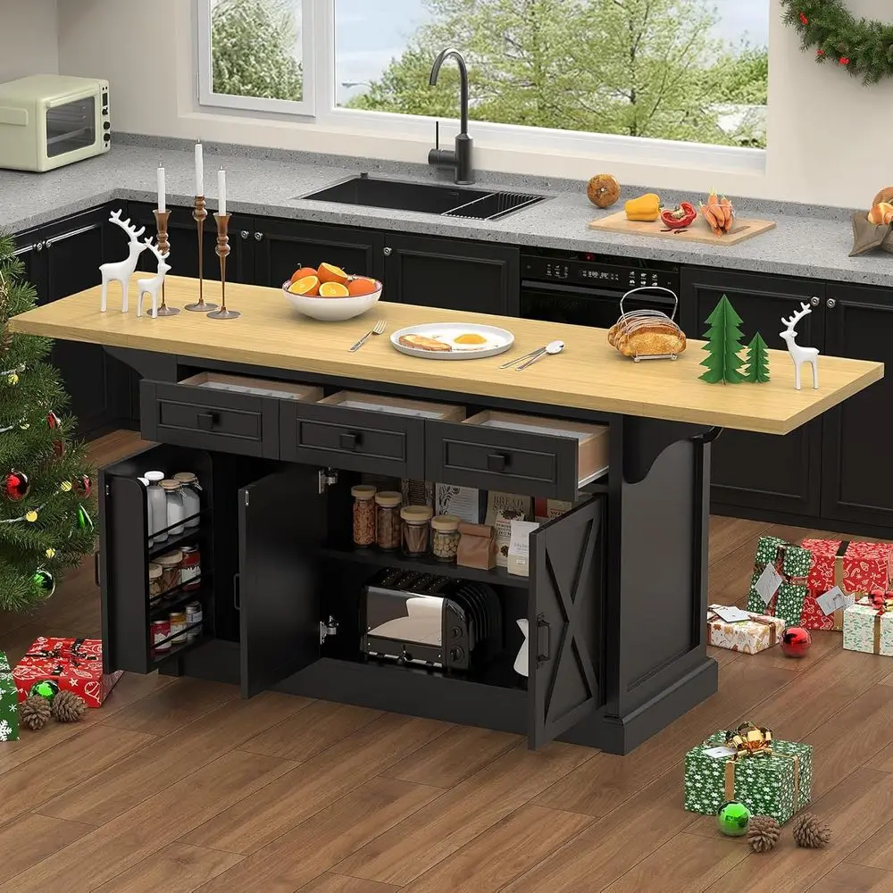 71-inch Kitchen Island with Power Outlet, Drop Leaf, 3 Drawers, Trash Storage Cabinet, and 3 Storage Racks
71-inch Kitchen Island with Power Outlet, Drop Leaf, 3 Drawers, Trash Storage Cabinet, and 3 Storage Racks