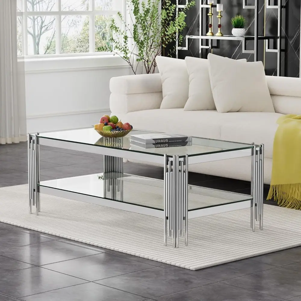 Clear Glass Coffee Table with Storage Shelf, Elegant Cocktail Table in Silver Stainless Steel, 2-Tier Glass Center Table for Liv
Clear Glass Coffee Table with Storage Shelf, Elegant Cocktail Table in Silver Stainless Steel, 2-Tier Glass Center Table for Liv