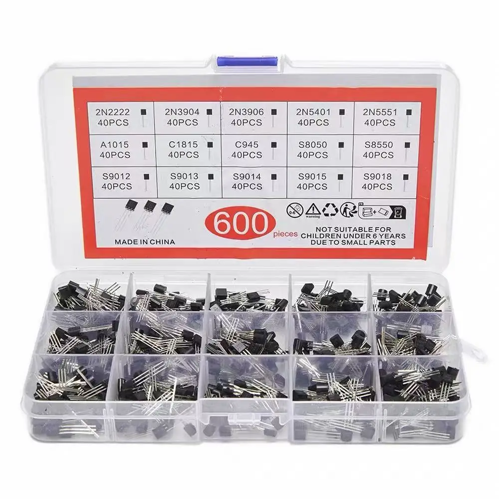 600PCS TO-92 BJT Transistor Assortment Kit, 15 Common Models 40PCS Each, General Purpose Transistors Component Set
600PCS TO-92 BJT Transistor Assortment Kit, 15 Common Models 40PCS Each, General Purpose Transistors Component Set