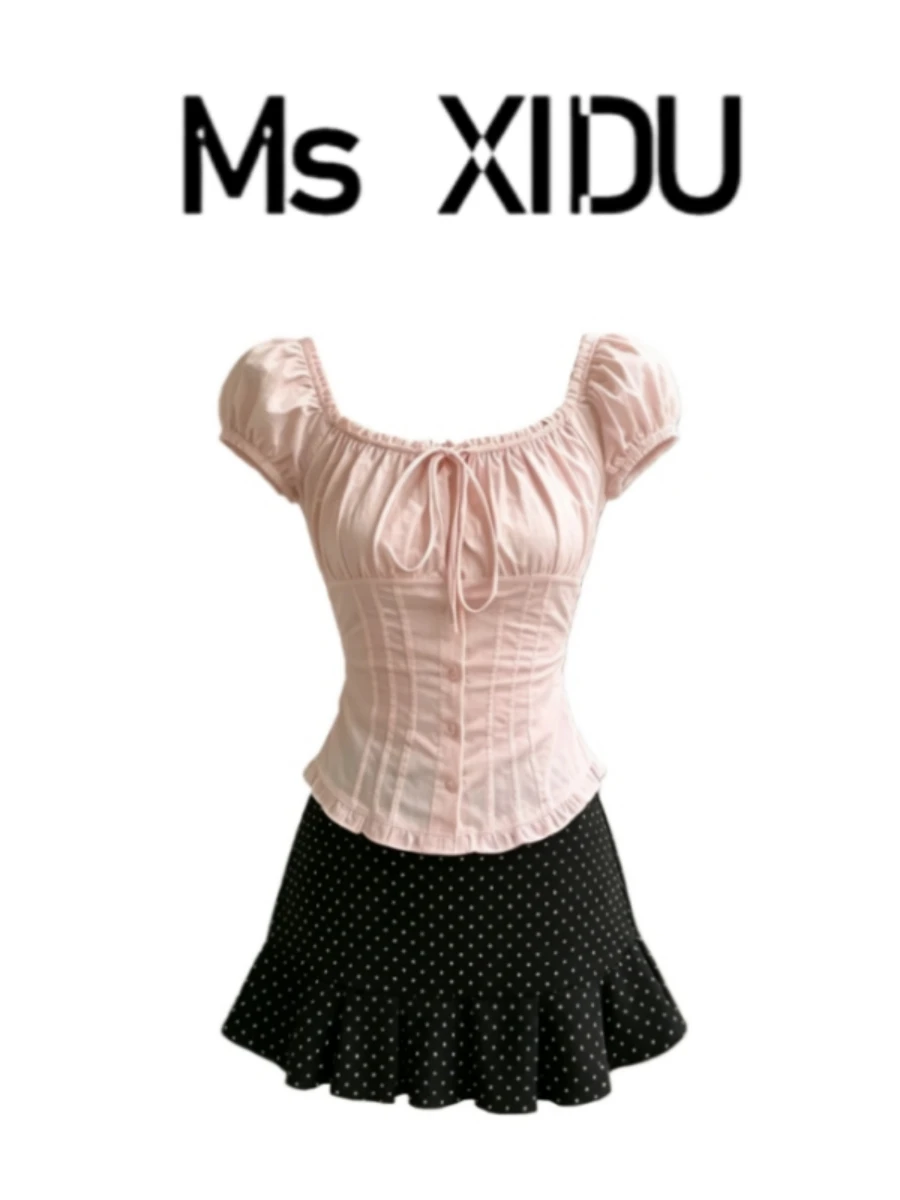 Pink Bubble Sleeve Knot Lace Shirt Black Polka Dot Short Skirt Two Piece Set Korean Style Pure Desire Fashion Women...
Pink Bubble Sleeve Knot Lace Shirt Black Polka Dot Short Skirt Two Piece Set Korean Style Pure Desire Fashion Women...