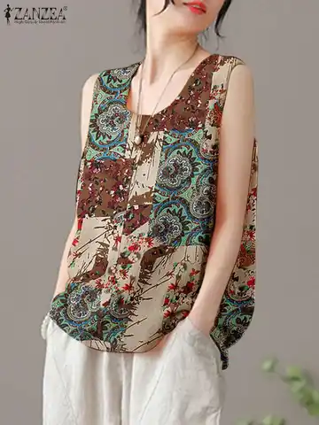 Sommer Bohemian Camis Mode Tanks Tops Zanzea Frauen ärmellose Bluse Baumwolle lässig lose bedruckte Hemd Urlaub Strand Tunika