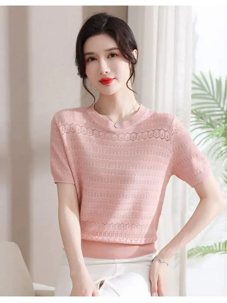 Thin Hollow Ice Silk Knitted Short Sleeve T-Shirt Women Summer 2025 New Small Size Short Style Fashionable Top Quality Fabric
Thin Hollow Ice Silk Knitted Short Sleeve T-Shirt Women Summer 2025 New Small Size Short Style Fashionable Top Quality Fabric