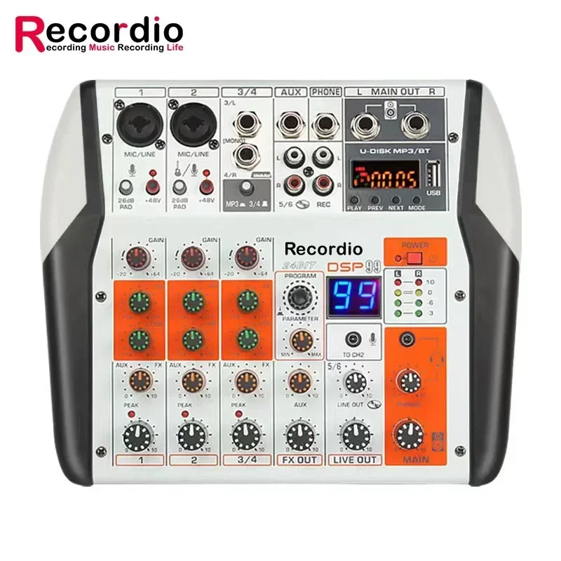 GAX-MU6 Professional Mixing Console Usb Audio Mixer 48V Phantom Power Monitor Record Mini Audio Mixer