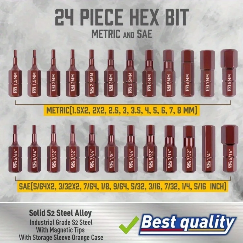 24Pcs/Set S2 Alloy Steel Hex Screwdriver Bits Hexagon Wrench Drill Bit Kit Industrial Repair Tools
24Pcs/Set S2 Alloy Steel Hex Screwdriver Bits Hexagon Wrench Drill Bit Kit Industrial Repair Tools