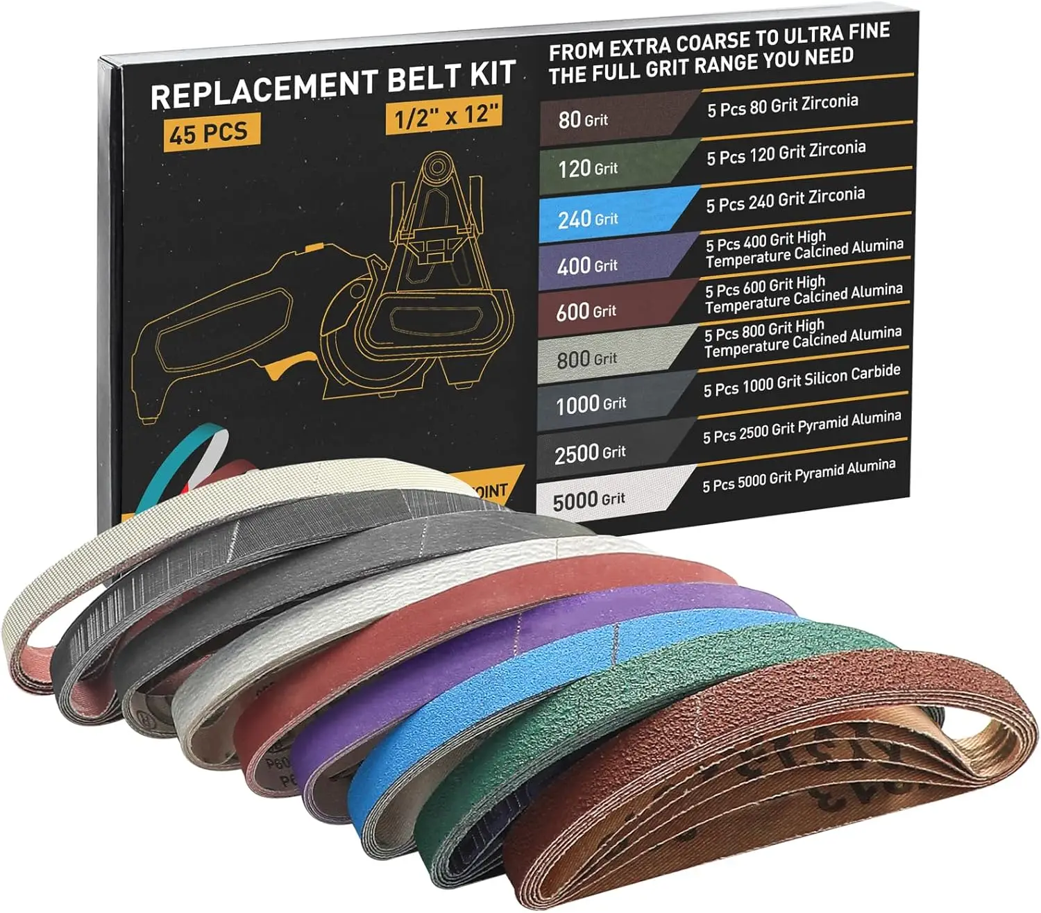 45 Pcs 1/2" x 12" Replacement Sharpening Belt Kit for Work Sharp Knife & Tool Sharpener with Assorted Grits 80-5000
45 Pcs 1/2" x 12" Replacement Sharpening Belt Kit for Work Sharp Knife & Tool Sharpener with Assorted Grits 80-5000