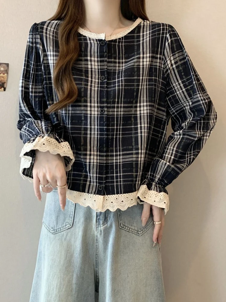 Jmprs Vintage Lace Plaid Shirt Women Casual Long Sleeve Korean Blouse Retro Loose Sweet Preppy Style Female O Neck Spring Tops
Jmprs Vintage Lace Plaid Shirt Women Casual Long Sleeve Korean Blouse Retro Loose Sweet Preppy Style Female O Neck Spring Tops