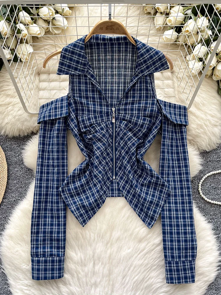 Women Spring Shirt European Style Collar Plaid Off Shoulder Long Sleeved Shirt with Zipper Pleated Slim Fit Design Top BL105
Women Spring Shirt European Style Collar Plaid Off Shoulder Long Sleeved Shirt with Zipper Pleated Slim Fit Design Top BL105