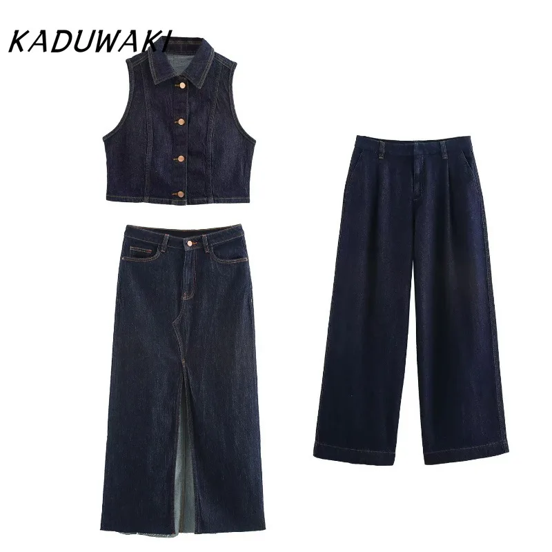 KADUWAKI Chic Denim Vest Skirt Set Retro Tank Long Pant Suit Denim High-street Straight Skirt Leisure Vest Trousers 3 Piece Sets
KADUWAKI Chic Denim Vest Skirt Set Retro Tank Long Pant Suit Denim High-street Straight Skirt Leisure Vest Trousers 3 Piece Sets