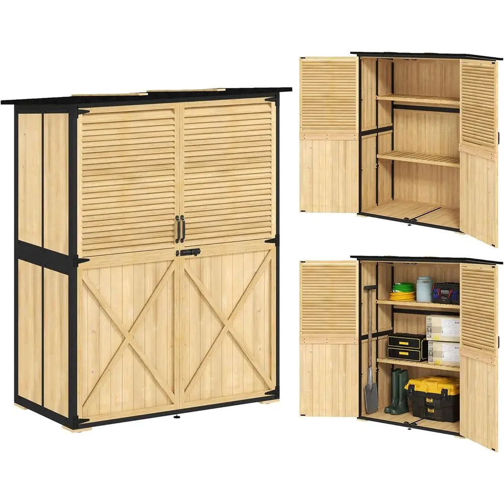 Wooden Garden Storage Cabinet with Lock, Steel Frame and Asphalt Roof, Adjustable Shelves for Outdoor Tools
Wooden Garden Storage Cabinet with Lock, Steel Frame and Asphalt Roof, Adjustable Shelves for Outdoor Tools