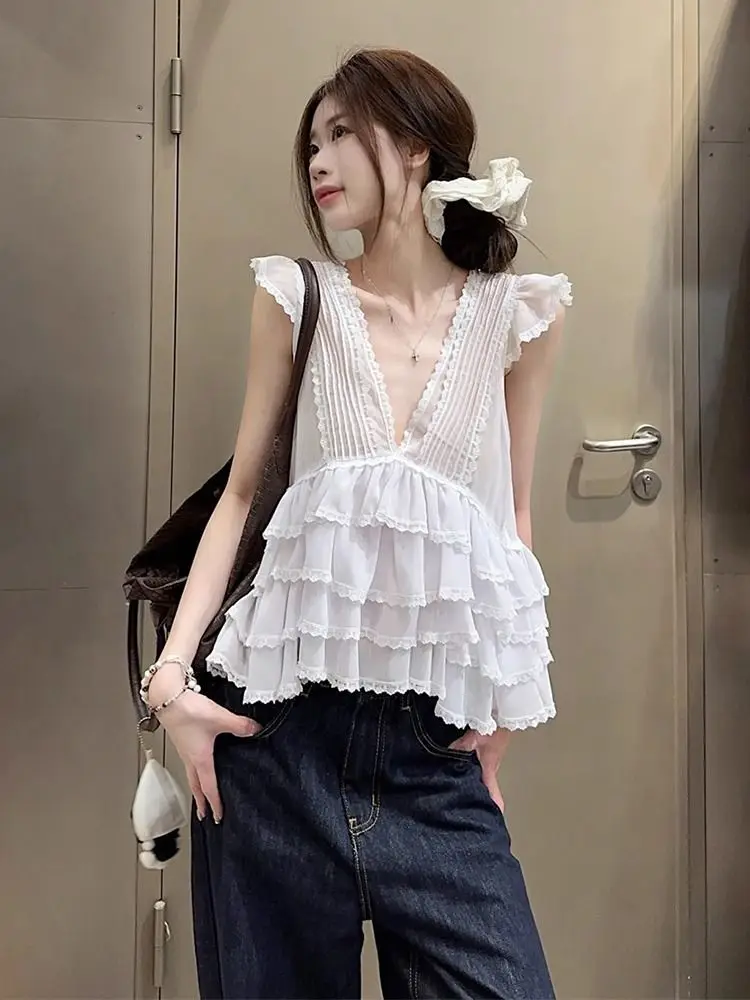 Sexy V-neck Backless Shirt Vest for Women Summer Irregular Slim Fit Sleeveless Tops Mujer Ruffles Patchwork Lace Tank Top
Sexy V-neck Backless Shirt Vest for Women Summer Irregular Slim Fit Sleeveless Tops Mujer Ruffles Patchwork Lace Tank Top
