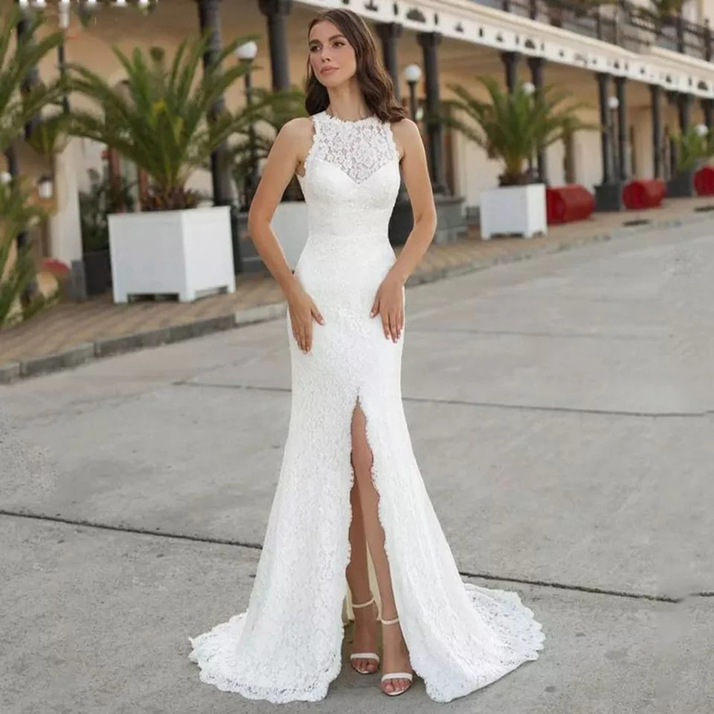 Furtanseo 2023 Modern Wedding Dress Halter Backless Split Sweep Train Lace Appliques Sleeveless Boho Sheath Bridal Gown Custom
Furtanseo 2023 Modern Wedding Dress Halter Backless Split Sweep Train Lace Appliques Sleeveless Boho Sheath Bridal Gown Custom