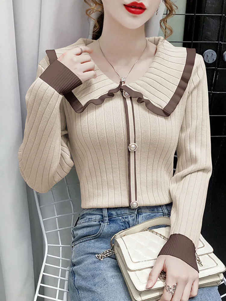 Тонкие модные женские вязаные свитера, японские милые пуловеры с воротником Питера Пэна, повседневные шикарные женские осенние милые джемперы с длинными рукавами
Тонкие модные женские вязаные свитера, японские милые пуловеры с воротником Питера Пэна, повседневные шикарные женские осенние милые джемперы с длинными рукавами