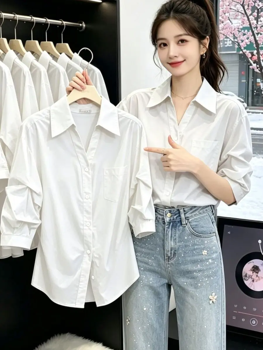 Korean Style Pleated Waist Slimming Shirt Women's Mid-Sleeve Fashionable Summer New Style Versatile Slimming Small Shirt
Korean Style Pleated Waist Slimming Shirt Women's Mid-Sleeve Fashionable Summer New Style Versatile Slimming Small Shirt