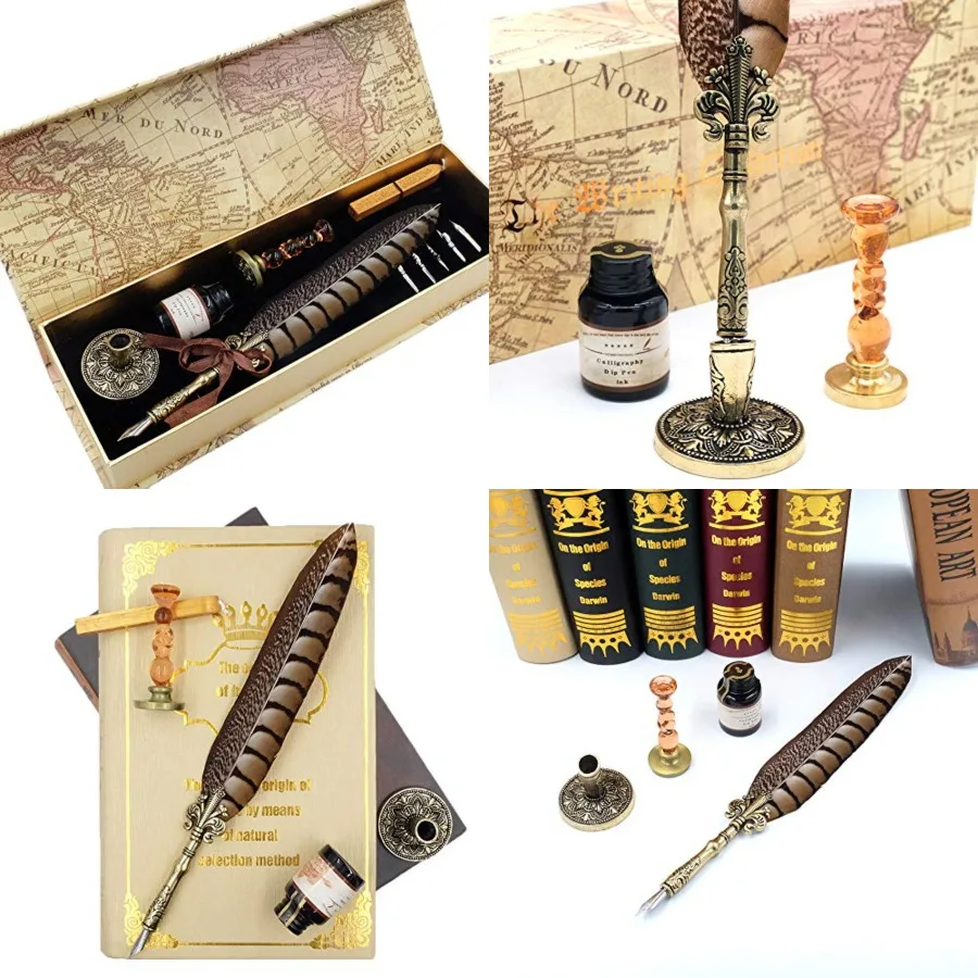 Antique Quill Pen Unique Half-Patterned Feather Pen Set with 6 Nibs 1 Bottle of Ink 1 Seal Stamp 1 Pen Holder 1 Sealing Wax LL-
Antique Quill Pen Unique Half-Patterned Feather Pen Set with 6 Nibs 1 Bottle of Ink 1 Seal Stamp 1 Pen Holder 1 Sealing Wax LL-