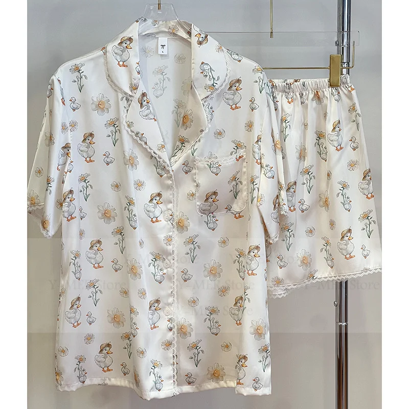 Милая пижама с принтом утки, 2 шт., шорты, костюм, женская сексуальная пижама с кружевной отделкой, Mujer, свободная ночная рубашка, одежда для сна, летние пижамы 2025 г. Femme 
Милая пижама с принтом утки, 2 шт., шорты, костюм, женская сексуальная пижама с кружевной отделкой, Mujer, свободная ночная рубашка, одежда для сна, летние пижамы 2025 г. Femme