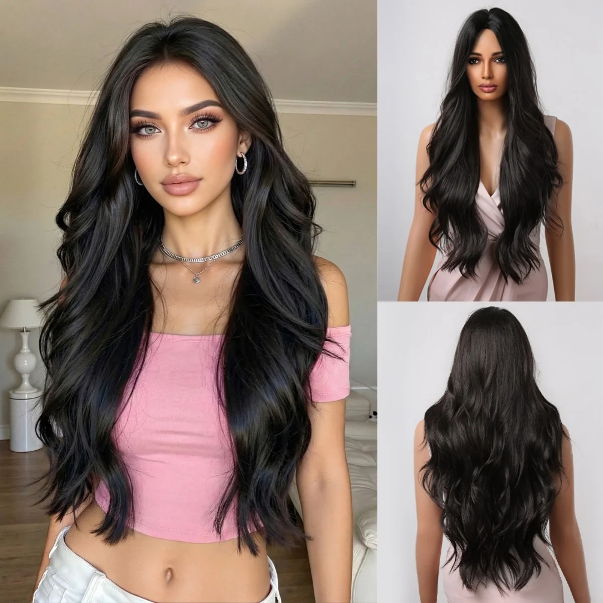Long Wavy Black Wig with No Bangs Synthetic Hair for Women Heat Resistant Fiber Loose Wave Style Daily Wear Cosplay Party Use
Long Wavy Black Wig with No Bangs Synthetic Hair for Women Heat Resistant Fiber Loose Wave Style Daily Wear Cosplay Party Use