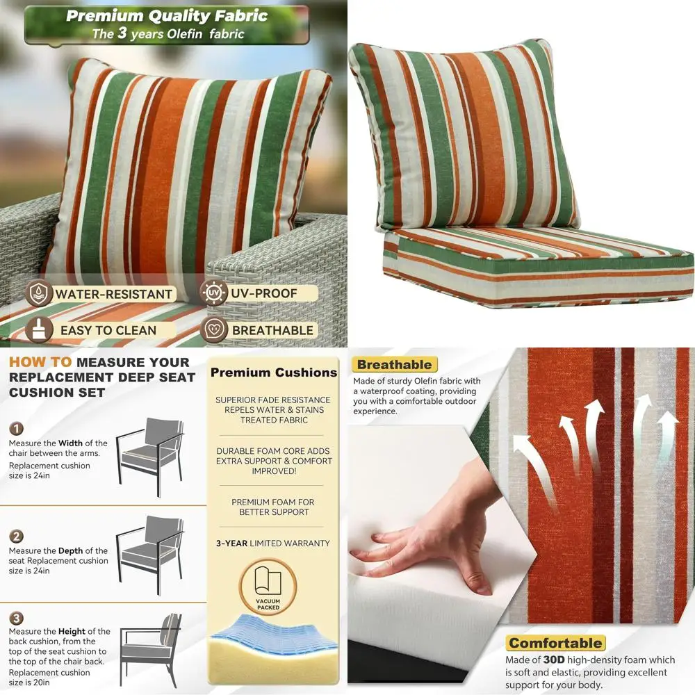 24 x 24 Inch Outdoor Deep Seat Cushion Set, Olefin Fabric, Removable Cover, Waterproof and Fade-Resistant
24 x 24 Inch Outdoor Deep Seat Cushion Set, Olefin Fabric, Removable Cover, Waterproof and Fade-Resistant