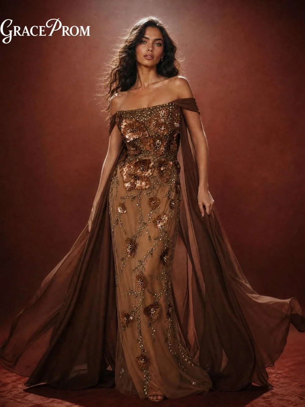 Elegant Brown 3D Floral Beaded Evening Gown Off Shoulder Party Dress With Flowing Cape Sleeves For Wedding Guests فساتين سهرة
Elegant Brown 3D Floral Beaded Evening Gown Off Shoulder Party Dress With Flowing Cape Sleeves For Wedding Guests فساتين سهرة