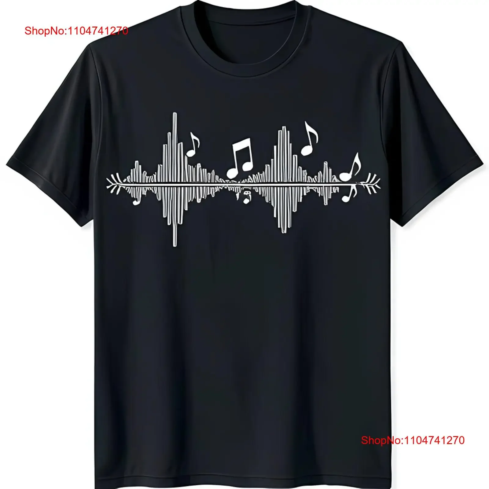 Стильная черная футболка с уникальными белыми звуковыми волнами и музыкальными нотами Дизайн винтажной стираной дышащей дизайнерской одежды 
Стильная черная футболка с уникальными белыми звуковыми волнами и музыкальными нотами Дизайн винтажной стираной дышащей дизайнерской одежды