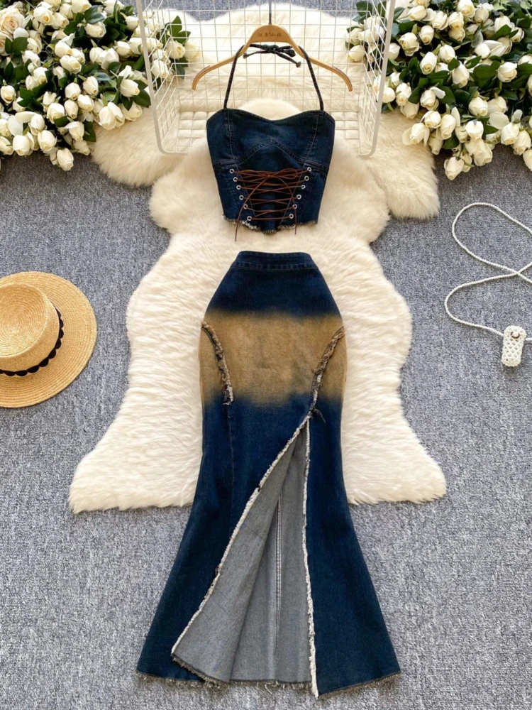 Women Fashion High Quality Sexy Denim Sets Gradient Lace Up Ruched Halter Tops+Split Zipper Skirt Two Piece Temperament Set
Women Fashion High Quality Sexy Denim Sets Gradient Lace Up Ruched Halter Tops+Split Zipper Skirt Two Piece Temperament Set