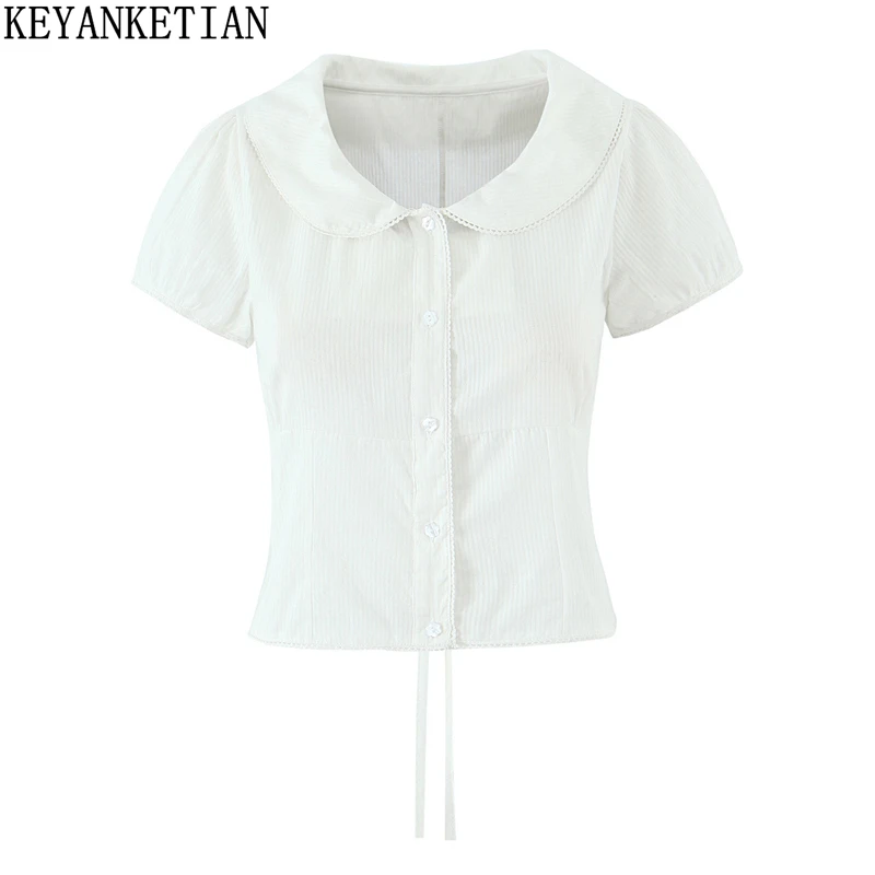 KEYANKETIAN Summer New Women's Doll collarPuff Sleeve Shirt Back Lace Up Lace Decoration Slim Sweet Blouses Buttons Crop Top
KEYANKETIAN Summer New Women's Doll collarPuff Sleeve Shirt Back Lace Up Lace Decoration Slim Sweet Blouses Buttons Crop Top