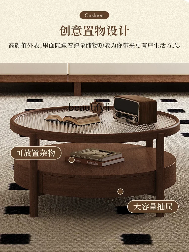 zzJapanese-Style Solid Wood French Retro Living Room Household Glass Double Layer Walnut round Tea Table
zzJapanese-Style Solid Wood French Retro Living Room Household Glass Double Layer Walnut round Tea Table
