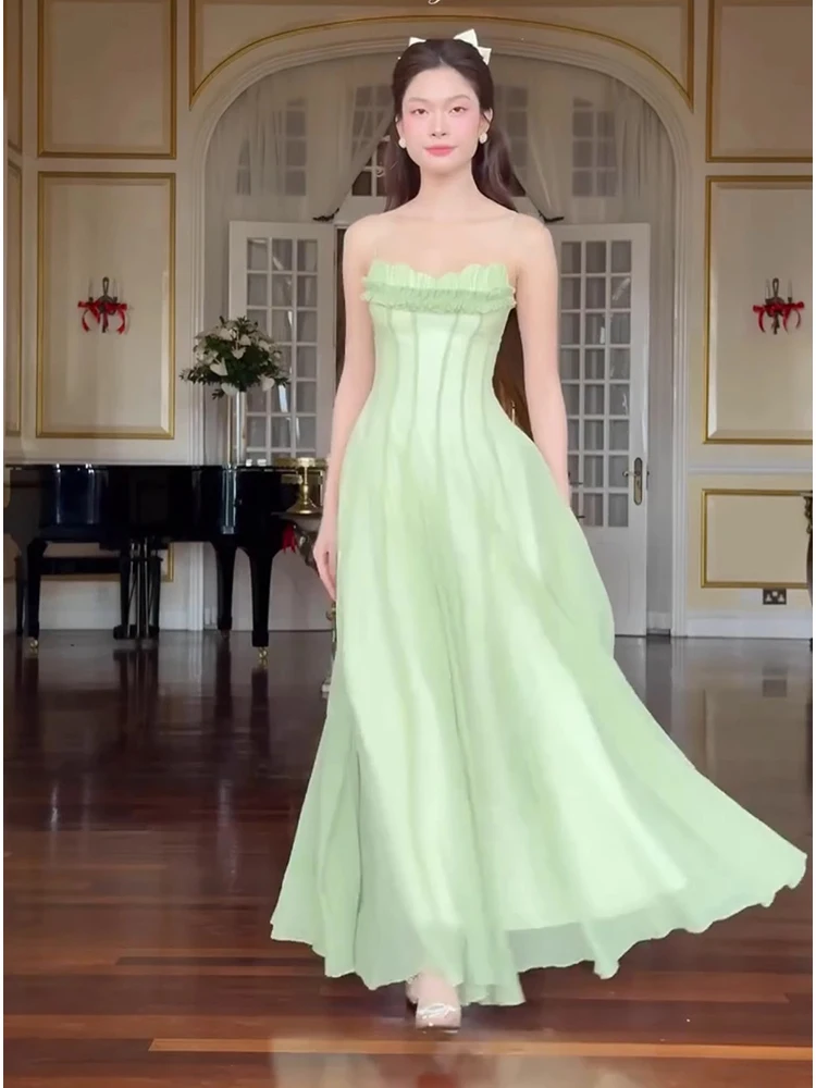 Sexy Spaghetti Strap Square Neck Ruffles Design Long Dress Women Matcha Sleeveless A-line Dresses Elegant Evening Party Gowns
Sexy Spaghetti Strap Square Neck Ruffles Design Long Dress Women Matcha Sleeveless A-line Dresses Elegant Evening Party Gowns