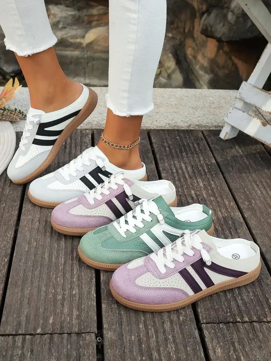 Womens Retro Suede Mule Sneakers Slip-On Flat Shoes With Striped Patchwork Breathable Perforated Uppers
Womens Retro Suede Mule Sneakers Slip-On Flat Shoes With Striped Patchwork Breathable Perforated Uppers