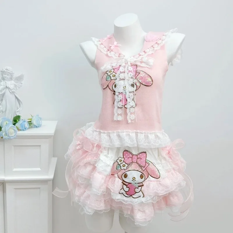 Japanese Style Kawaii My Melody Sequins Embroidery Pink Lace Sleeveless Vest + Ruffled Tiered Cake Skirt Lolita Outfit Set
Japanese Style Kawaii My Melody Sequins Embroidery Pink Lace Sleeveless Vest + Ruffled Tiered Cake Skirt Lolita Outfit Set