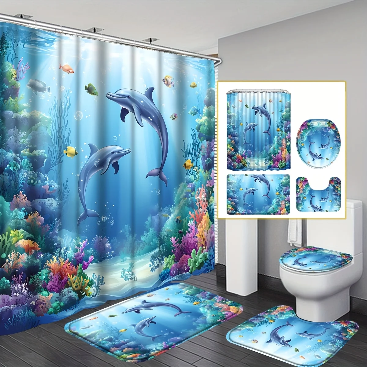 4pcs Sea Dolphin Coral Shower Curtain Set, Blue Ocean Undersea World with Fish & Seaweed, Includes 12 Hooks, Toilet Lid Cover, N
4pcs Sea Dolphin Coral Shower Curtain Set, Blue Ocean Undersea World with Fish & Seaweed, Includes 12 Hooks, Toilet Lid Cover, N