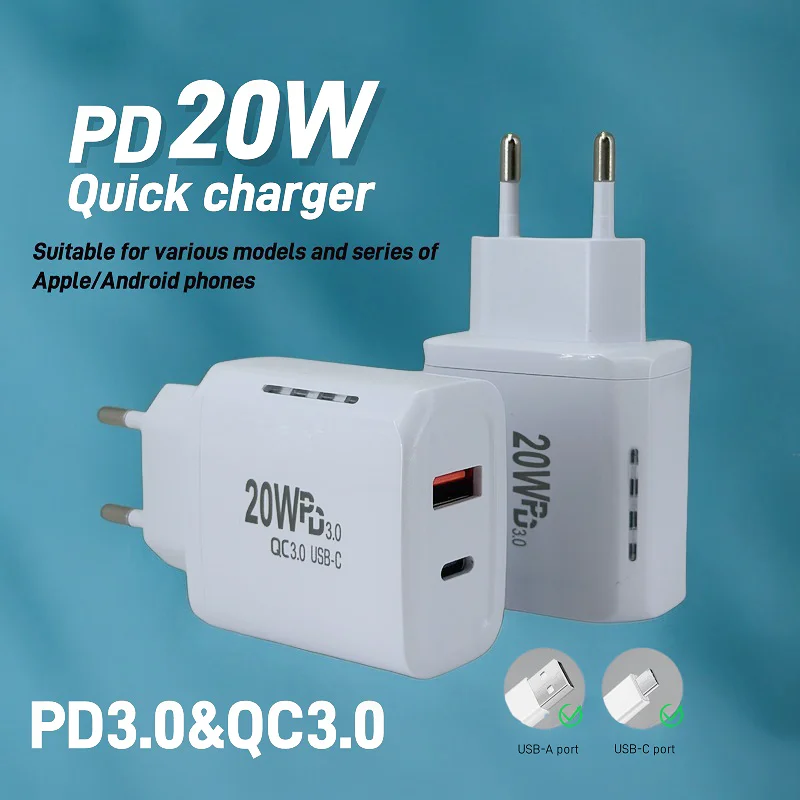 PD20W 2 Ports Super Fast Charging Tablet Laptop Charger EU Plug Adapter For iPhone Xiaomi Samsung Huawei
PD20W 2 Ports Super Fast Charging Tablet Laptop Charger EU Plug Adapter For iPhone Xiaomi Samsung Huawei