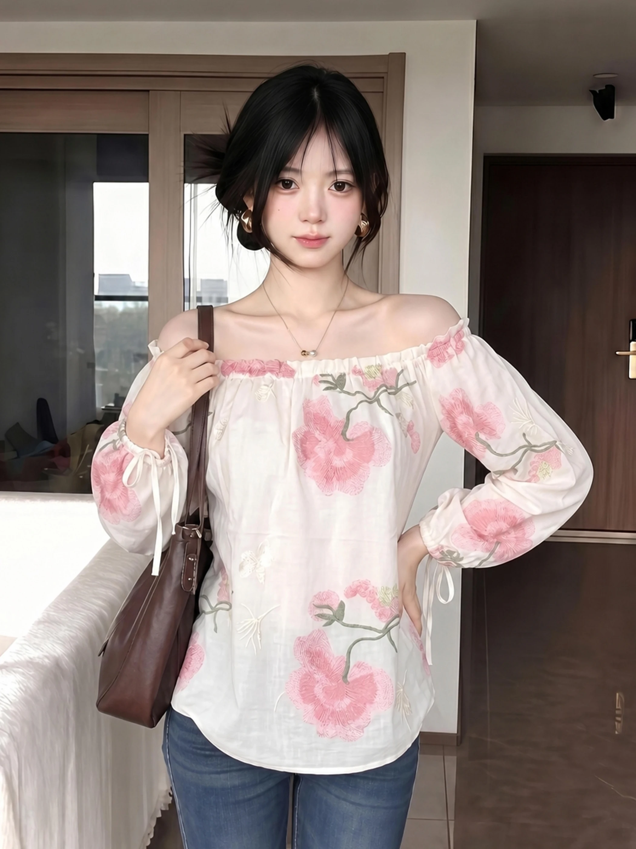 Summer New Gentle Style White Embroidered Flower Loose Long Sleeve One Shoulder Shirt Women Slimming Top Fashion Ladies' Blouse
Summer New Gentle Style White Embroidered Flower Loose Long Sleeve One Shoulder Shirt Women Slimming Top Fashion Ladies' Blouse